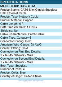 Belkin CE001B06-BLU-S 6 ft CAT6 Slim Gigabit Snagless UTP Ethernet Cable - Blue