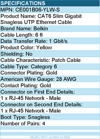 Belkin CE001B06-YLW-S 6 ft CAT6 Slim Gigabit Snagless UTP Ethernet Cable -Yellow