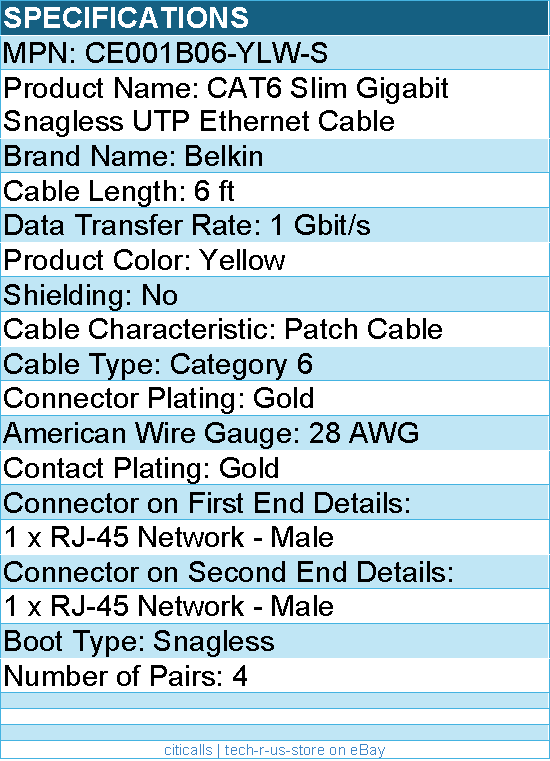 Belkin CE001B06-YLW-S 6 ft CAT6 Slim Gigabit Snagless UTP Ethernet Cable -Yellow