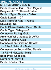 Belkin CE001B10-BLU-S 10 ft CAT6 Slim Gigabit Snagless UTP Ethernet Cable - Blue