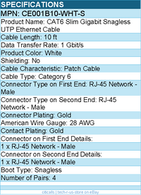 Belkin CE001B10-WHT-S 10 ft CAT6 Slim Gigabit Snagless UTP Ethernet Cable -White