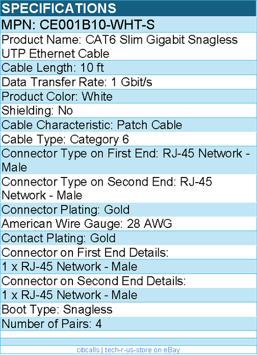 Belkin CE001B10-WHT-S 10 ft CAT6 Slim Gigabit Snagless UTP Ethernet Cable -White