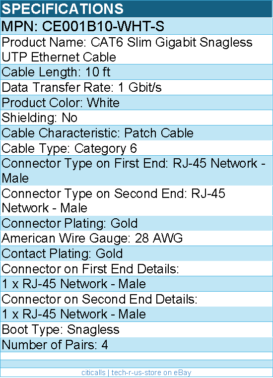 Belkin CE001B10-WHT-S 10 ft CAT6 Slim Gigabit Snagless UTP Ethernet Cable -White
