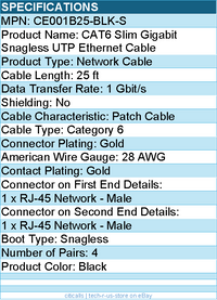 Belkin CE001B25-BLK-S 25 ft CAT6 Slim Gigabit Snagless UTP Ethernet Cable -Black