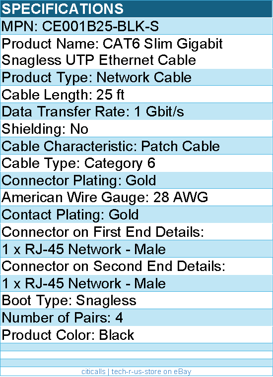 Belkin CE001B25-BLK-S 25 ft CAT6 Slim Gigabit Snagless UTP Ethernet Cable -Black
