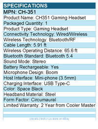 Cooler Master CH-351 CH351 Gaming Headset -  Wired/Wireless - Space Black