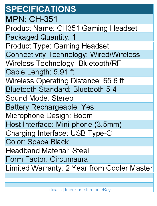 Cooler Master CH-351 CH351 Gaming Headset -  Wired/Wireless - Space Black