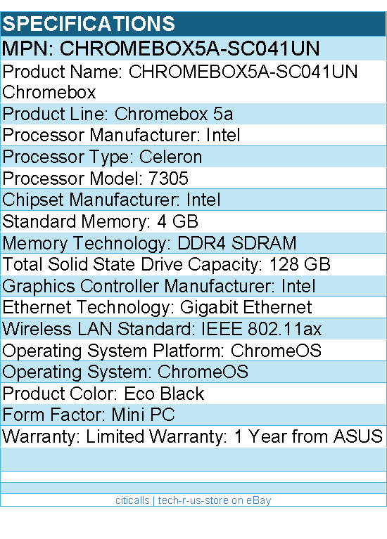 ASUS CHROMEBOX5a-SC041UN Chromebox - Intel Celeron 7305 - 4 GB - 128 GB SSD