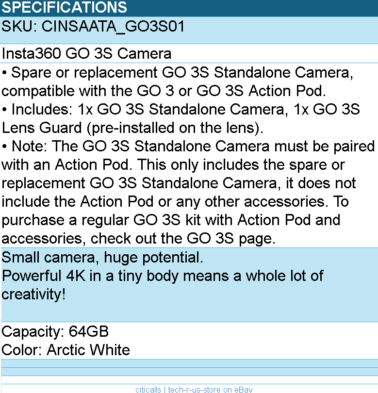 Insta360 CINSAATA_GO3S01 GO 3S Standalone Camera - 64GB - Arctic White Retail