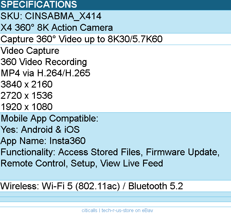 Insta360 CINSABMA_X414 Camera - X4 360? 8K Action Camera Retail