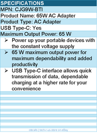 BTI CJG9W-BTI 65W TYPE-C AC ADAPTER - Compatible OEM: CJG9W
