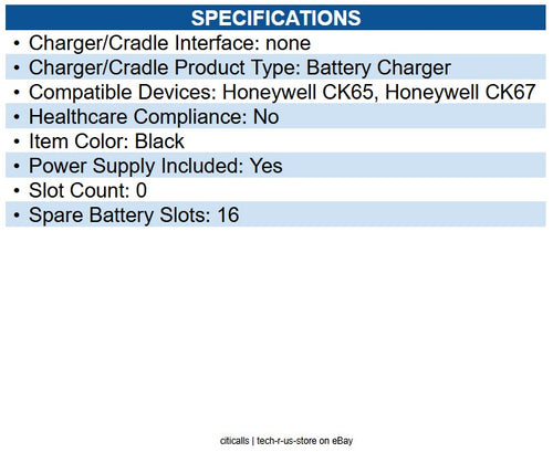 Honeywell CK6X-BC-16BAY-0 4K67 16-Slot Battery Charger (no cord)