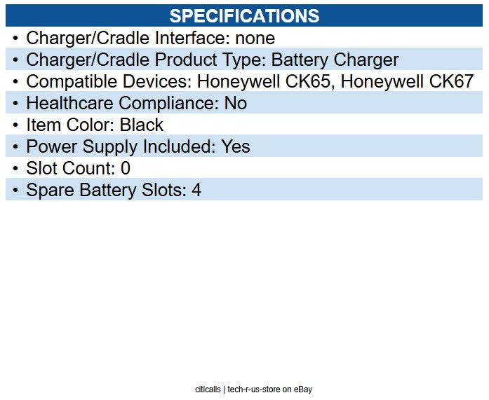 Honeywell CK6X-BC-4BAY-0 CK67 4-Slot Battery Charger (no cord)
