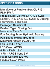 Thermaltake CL-F191-PL14SW-A CT140 EX ARGB Sync PC Cooling Fan White 3xFan