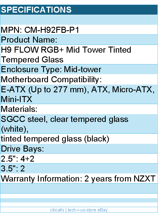 NZXT CM-H92FB-P1 Computer Case - H9 FLOW RGB+ Mid Tower Tinted TG Black Retail