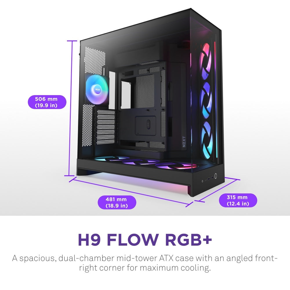 NZXT CM-H92FB-P1 Computer Case - H9 FLOW RGB+ Mid Tower Tinted TG Black Retail