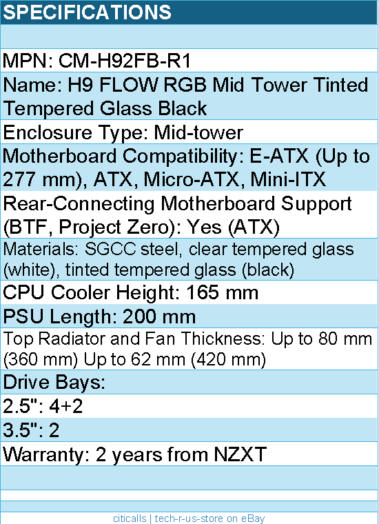 NZXT CM-H92FB-R1 Computer Case - H9 FLOW RGB Mid Tower Tinted TG Black Retail