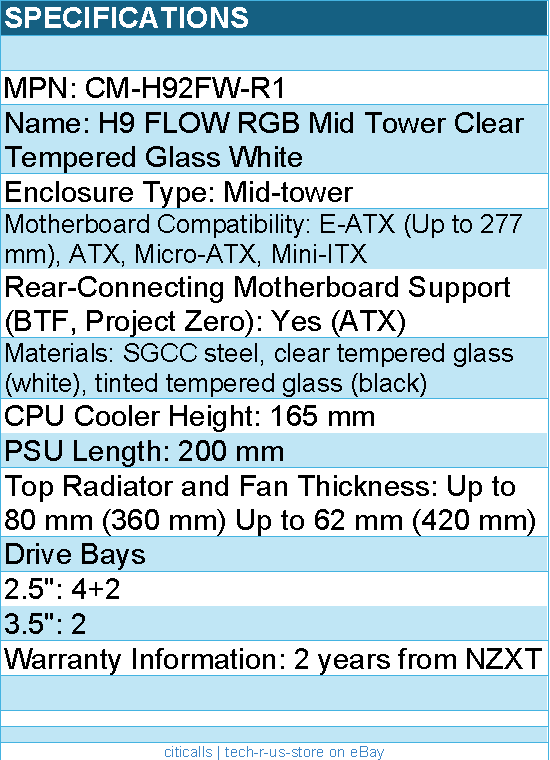 NZXT CM-H92FW-R1 Computer Case - H9 FLOW RGB Mid Tower Clear TG White Retail