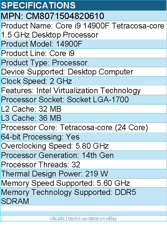 Intel CM8071504820610 Core i9 (14th Gen) 14900F (24 Core) 2 GHz Processor
