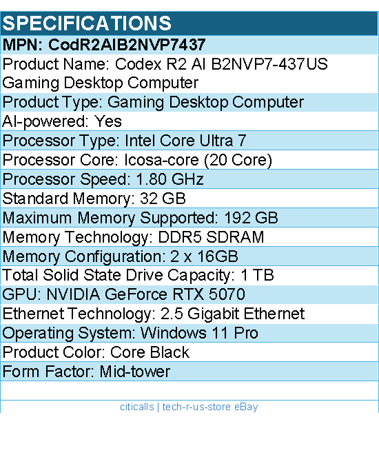 MSI CODR2AIB2NVP7437 Codex R2 AI B2NVP7-437US Gaming Desktop Computer