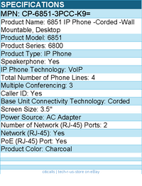 Cisco CP-6851-3PCC-K9= 6851 IP Phone -Corded -Wall Mountable, Desktop -Charcoal