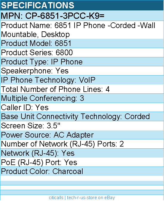 Cisco CP-6851-3PCC-K9= 6851 IP Phone -Corded -Wall Mountable, Desktop -Charcoal