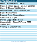 Cisco CP-7800-HS-CORD= Spare Handset Cord for Cisco IP Phone 7800 Series