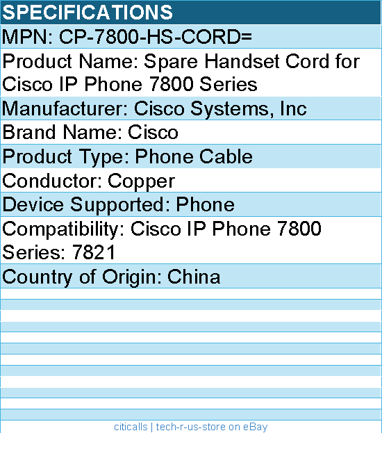 Cisco CP-7800-HS-CORD= Spare Handset Cord for Cisco IP Phone 7800 Series