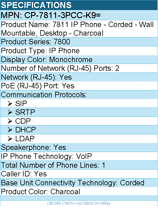 Cisco CP-7811-3PCC-K9= 7811 IP Phone - Corded - Wall Mountable, Desktop