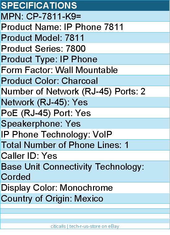 Cisco CP-7811-K9= 7811 IP Phone - Corded - Wall Mountable - Charcoal