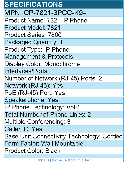 Cisco CP-7821-3PCC-K9= 7821 IP Phone - Corded - Wall Mountable - Black