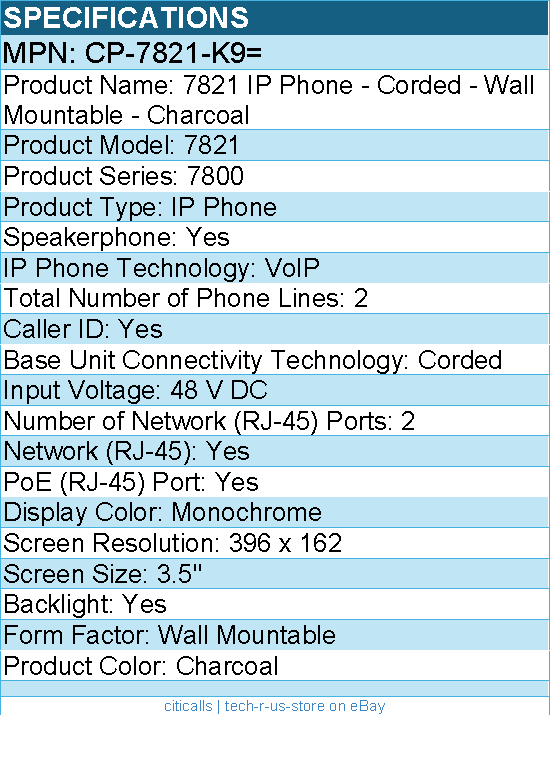 Cisco CP-7821-K9= 7821 IP Phone - Corded - Wall Mountable - Charcoal
