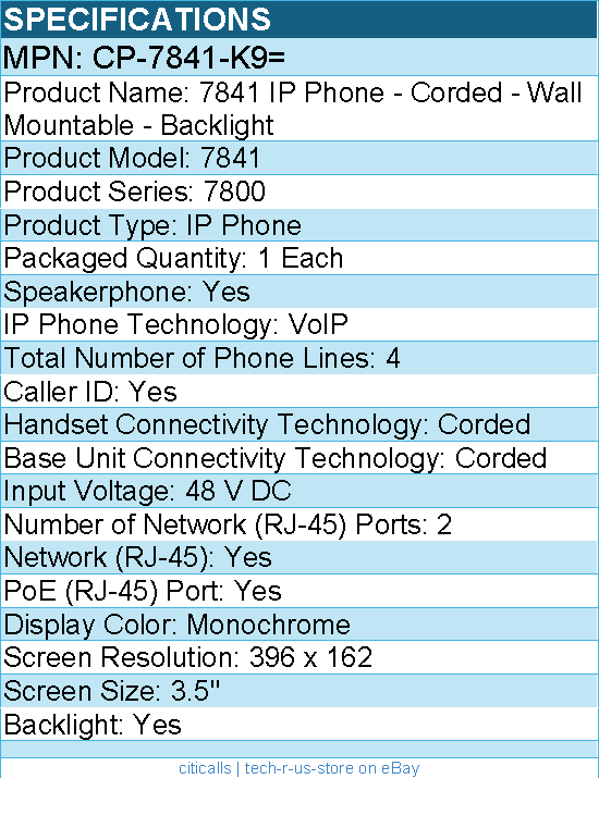 Cisco CP-7841-K9= 7841 IP Phone - Corded - Wall Mountable - Backlight