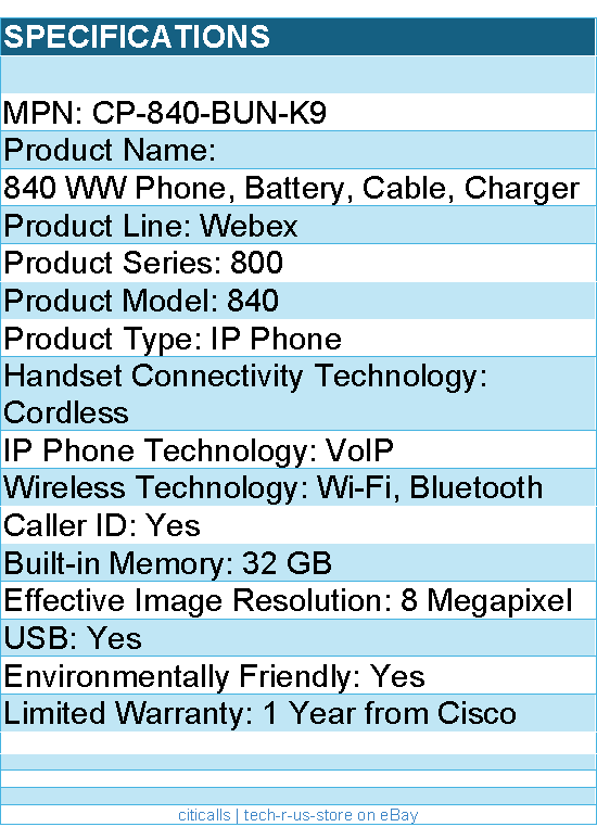 Cisco CP-840-BUN-K9 Webex 840 IP Phone - Cordless - Wi-Fi, Bluetooth