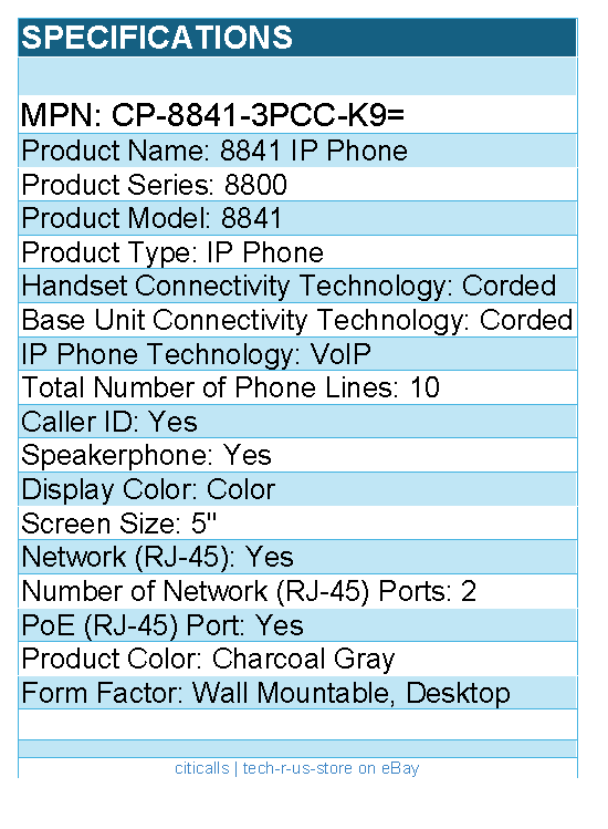 Cisco CP-8841-3PCC-K9= 8841 IP Phone - Corded - Corded - Wall Mountable, Desktop