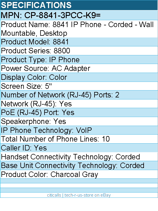 Cisco CP-8841-3PCC-K9= 8841 IP Phone - Corded - Wall Mountable, Desktop