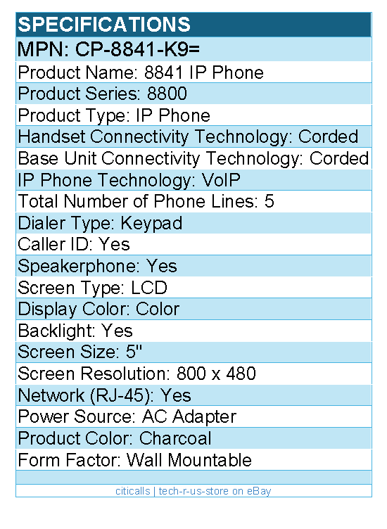 Cisco CP-8841-K9= 8841 IP Phone - Corded - Corded - Wall Mountable - Charcoal