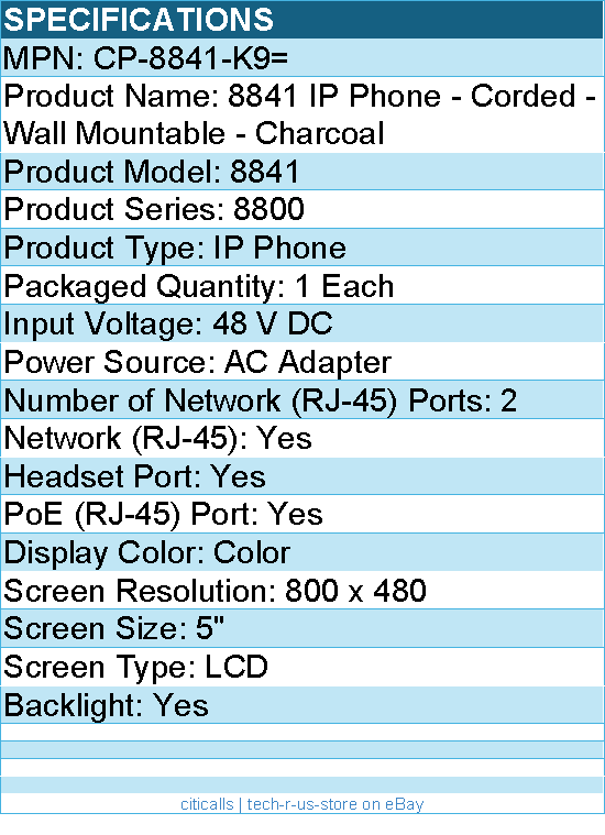Cisco CP-8841-K9= 8841 IP Phone - Corded - Wall Mountable - Charcoal