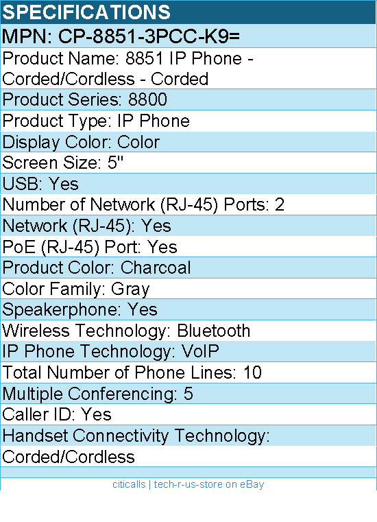 Cisco CP-8851-3PCC-K9= 8851 IP Phone - Corded/Cordless - Bluetooth