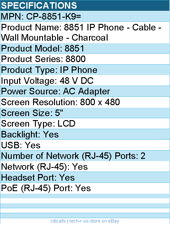 Cisco CP-8851-K9= 8851 IP Phone - Cable - Wall Mountable - Charcoal