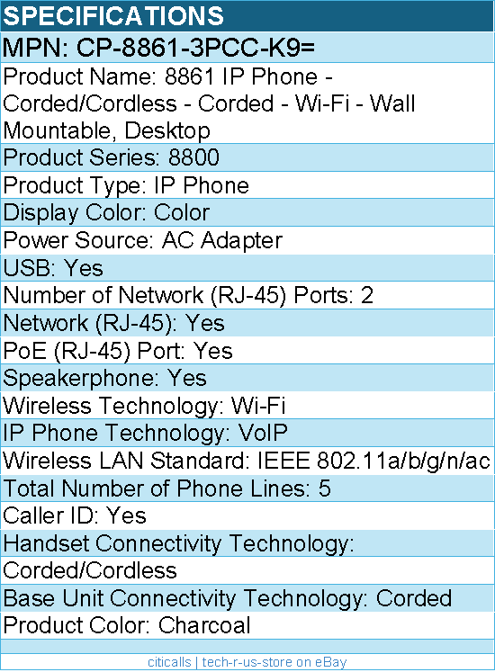 Cisco CP-8861-3PCC-K9= 8861 IP Phone - Corded/Cordless - Corded - Wi-Fi