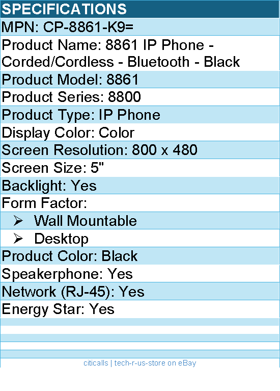Cisco CP-8861-K9= 8861 IP Phone - Corded/Cordless - Bluetooth - Black