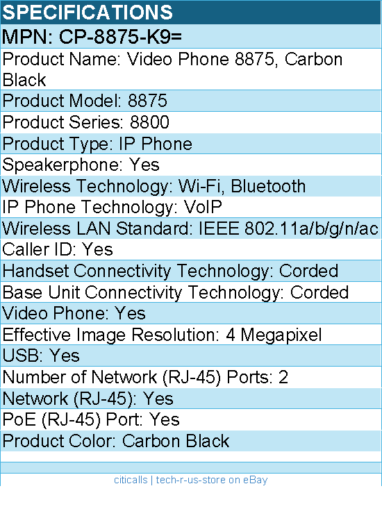 Cisco CP-8875-K9= 8875 IP Phone - Corded - Wi-Fi, Bluetooth - Desktop