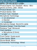 Cisco CP-HS-W-521-USB= 521 Headset - Mono - Mini-phone (3.5mm), USB - Wired