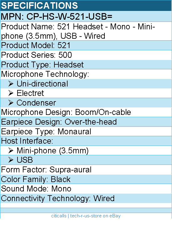 Cisco CP-HS-W-521-USB= 521 Headset - Mono - Mini-phone (3.5mm), USB - Wired