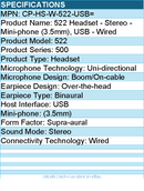 Cisco CP-HS-W-522-USB= 522 Headset - Stereo - Mini-phone (3.5mm), USB - Wired