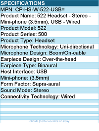 Cisco CP-HS-W-522-USB= 522 Headset - Stereo - Mini-phone (3.5mm), USB - Wired