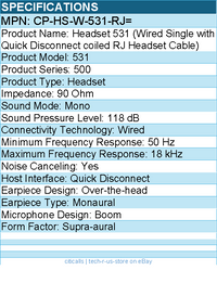 Cisco CP-HS-W-531-RJ= Headset 531 - Wired Single with Quick Disconnect coiled RJ