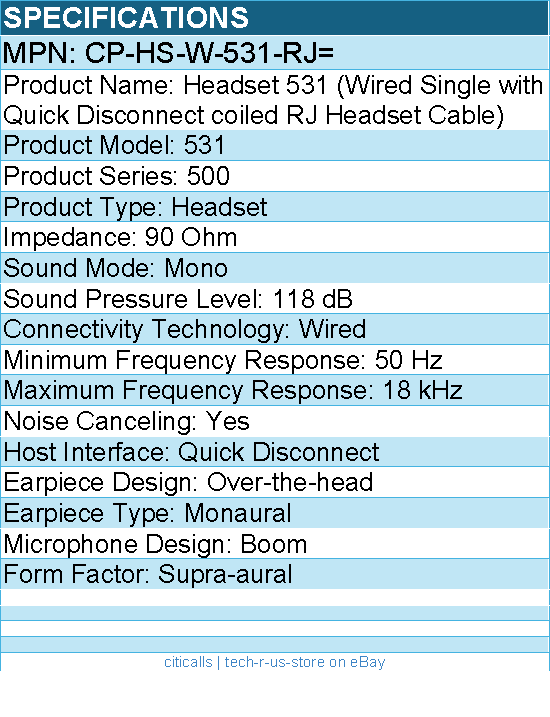 Cisco CP-HS-W-531-RJ= Headset 531 - Wired Single with Quick Disconnect coiled RJ