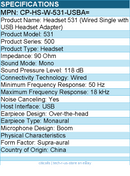 Cisco CP-HS-W-531-USBA= Headset 531 (Wired Single with USB Headset Adapter)